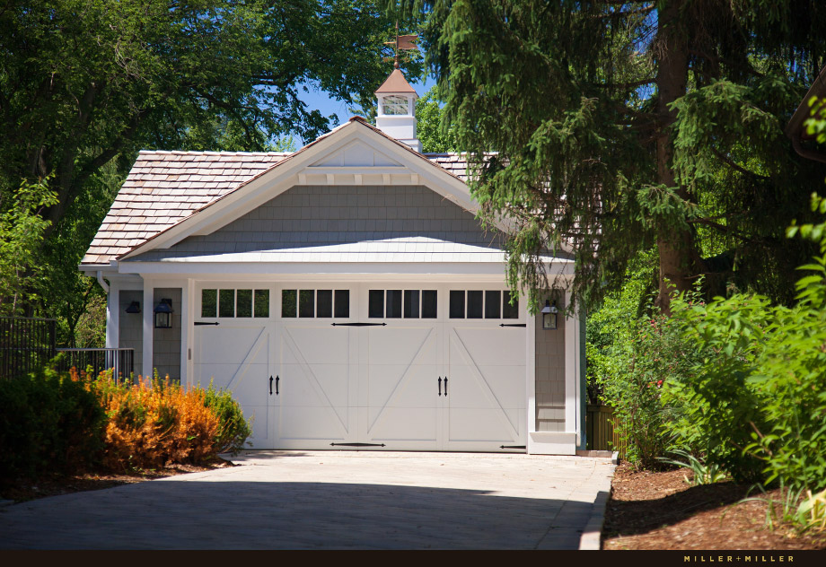 shake shingle carriage house style two-car garage