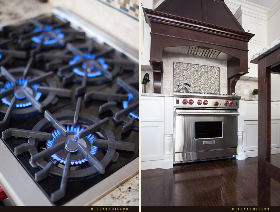 mahogany kitchen range hood wolf stainless six gas burner cooktop