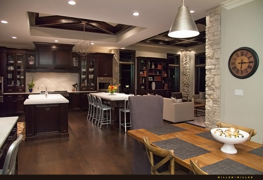 massive open kitchen double island rich mahogany cabinets