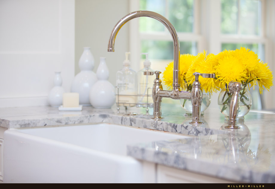 farmhouse sink marble countertop polished nickel faucet